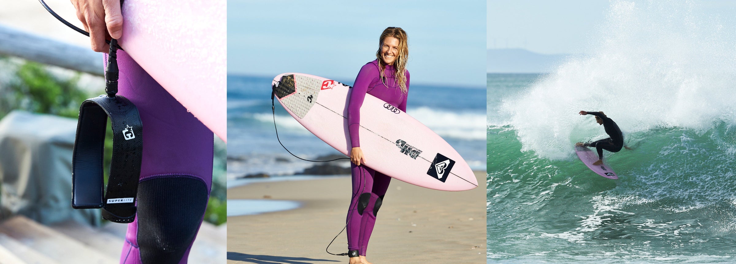 Three pictures of Stephanie surfing, one a close up of her board leash