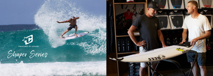 Image collage, one of man surfing and another of men in workshop looking at board
