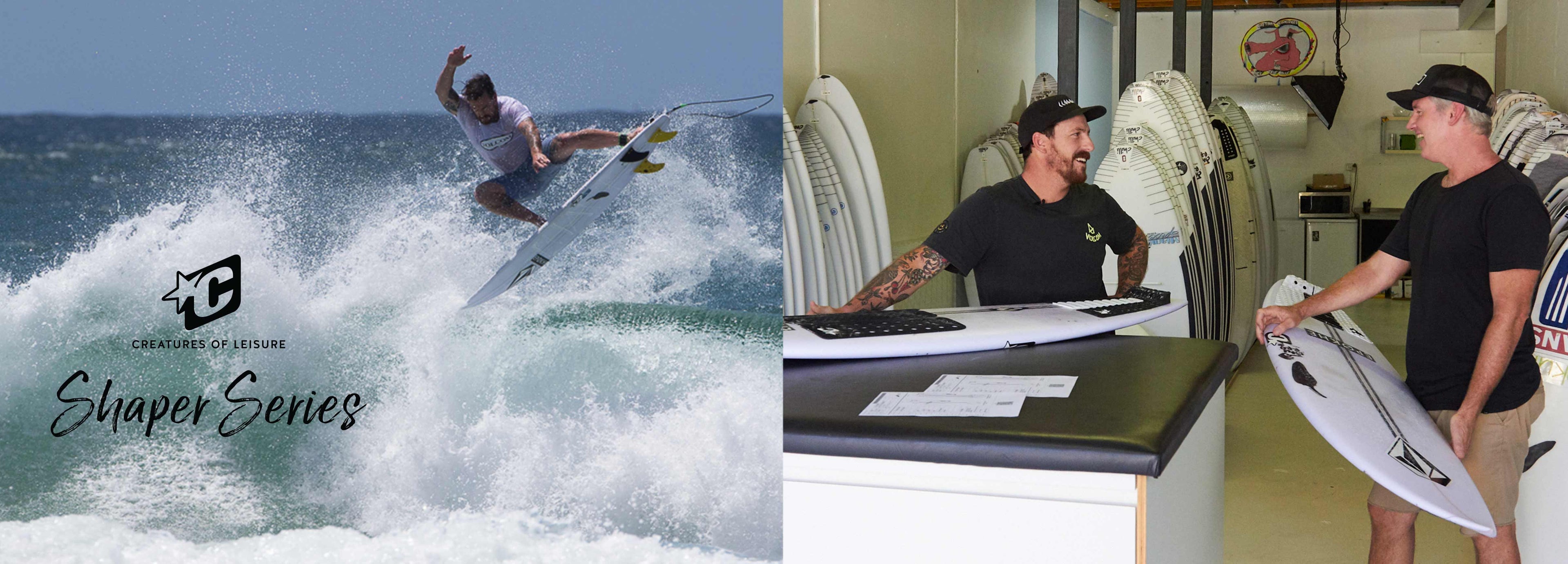 Image collage, one surfing and one of workshop