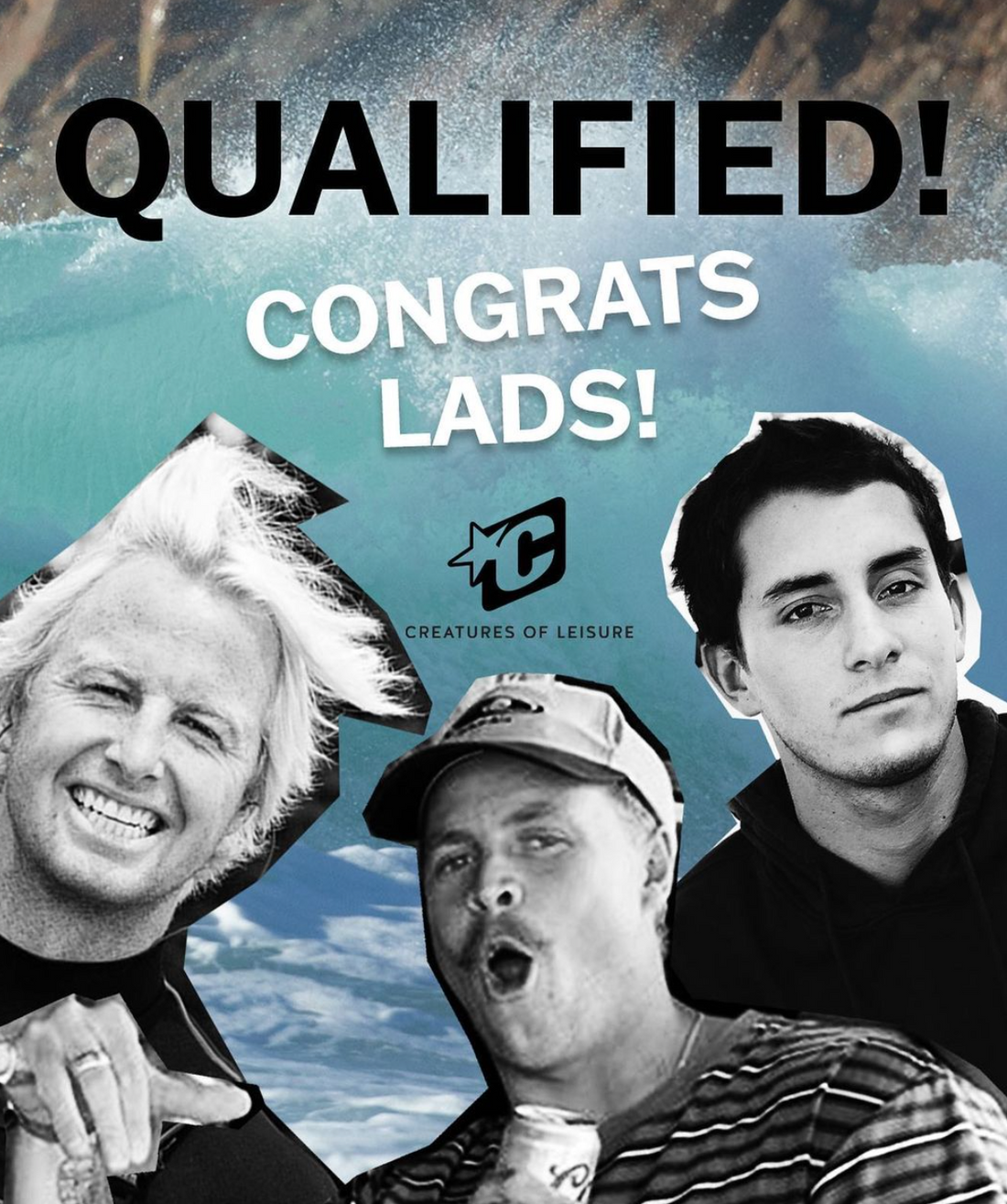 Poster style image of three surfers faces