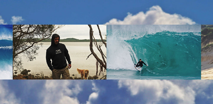 Two images, one of a man on a beach and one of a man surfing