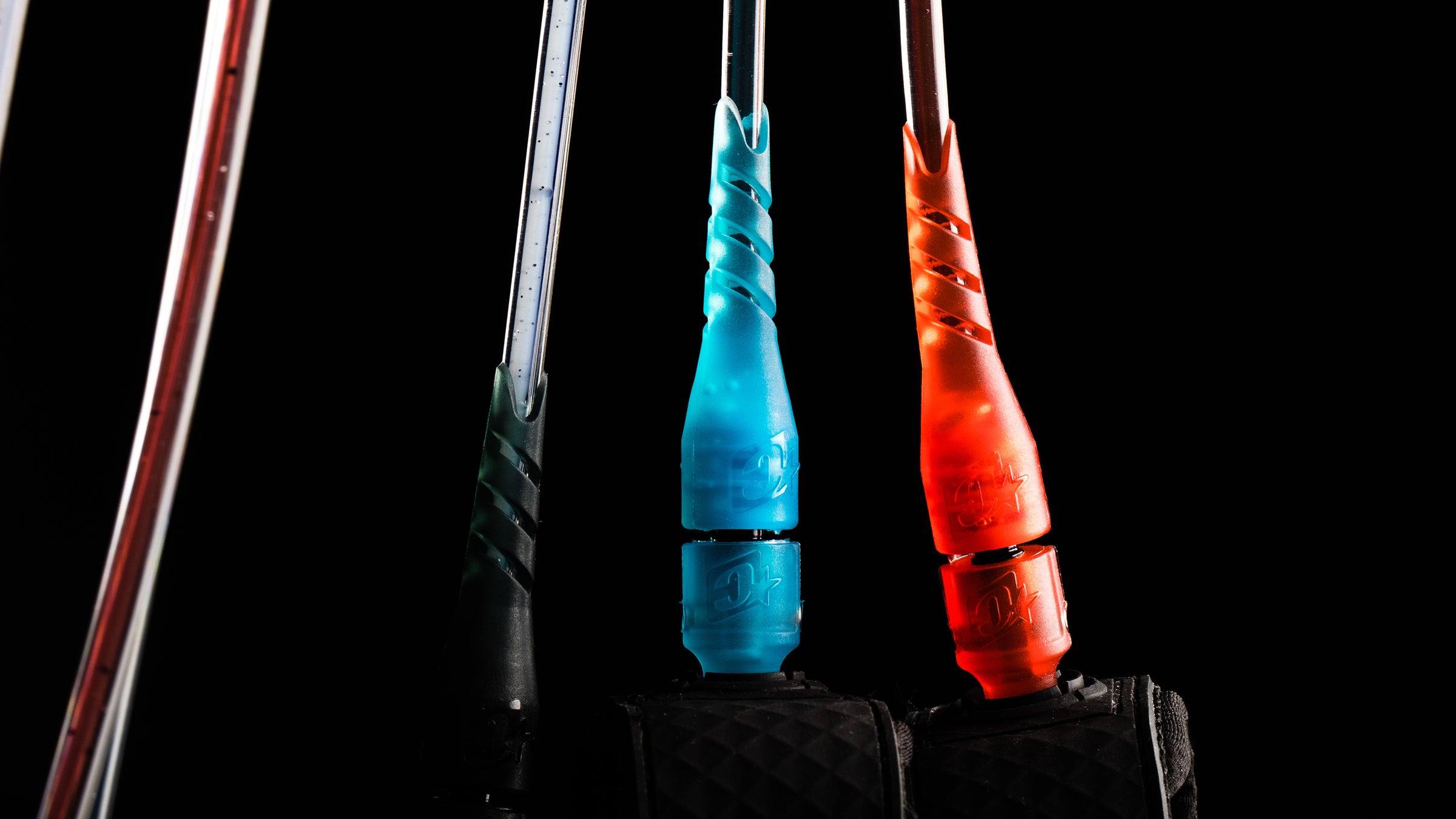 Red, clear, blue and red leashes